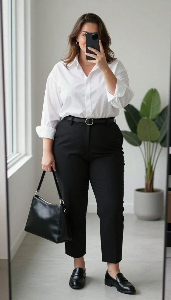 Plus-size woman in a white button-down shirt and black A-line skirt, taking a mirror selfie in a bright office setting.