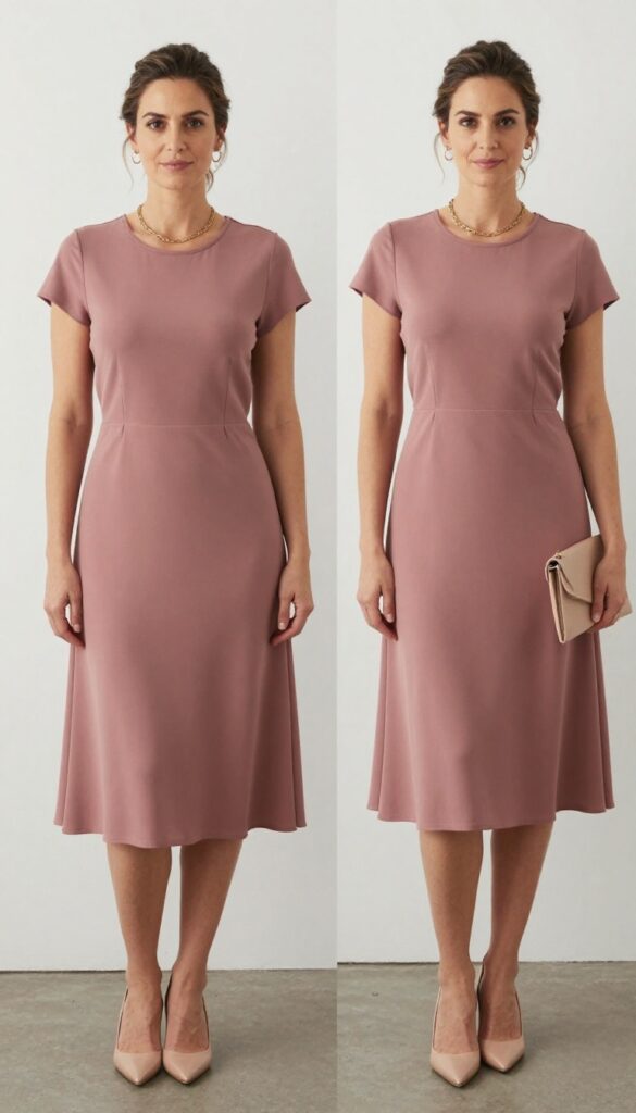 Woman in dusty rose midi dress with pockets and nude heels at garden wedding, fairy lights background.