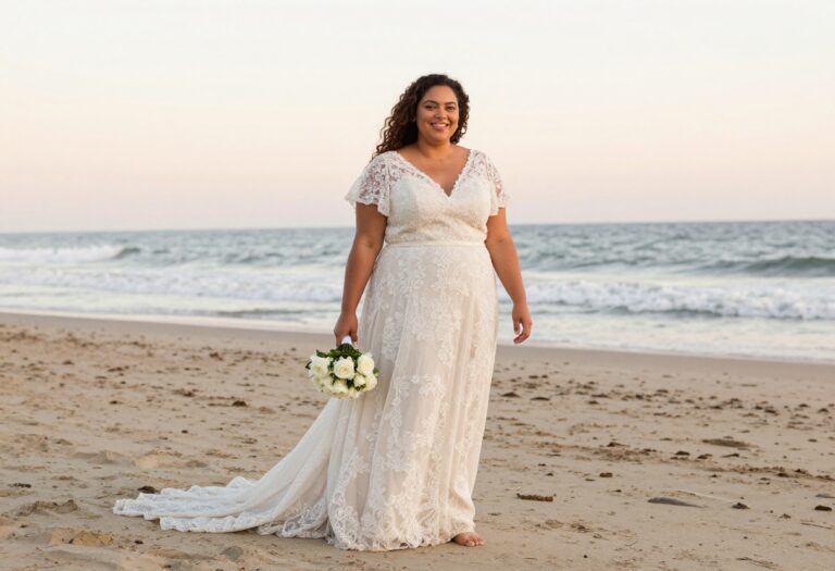 Plus size bride in lace A-line wedding dress on beach at sunset