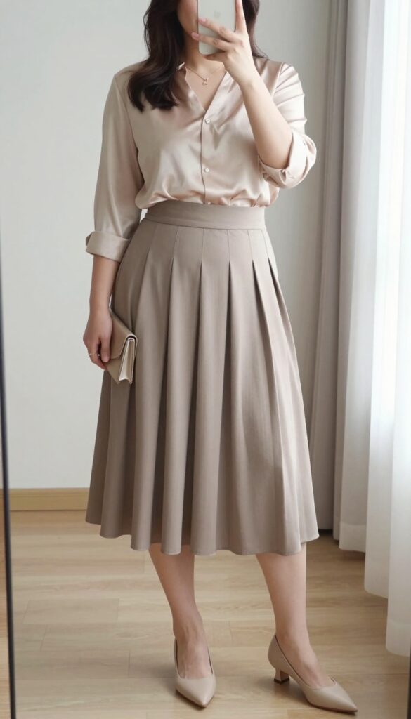 Plus-size woman in satin blouse and pleated midi skirt, taking a mirror selfie, elegant outfit with clutch and heels.