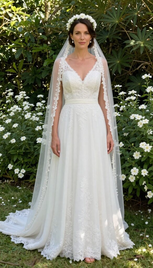 A young adult woman in a fit-and-flare white lace wedding dress with a sequin-edged veil and flower crown, standing in a sunlit garden, smiling gently.