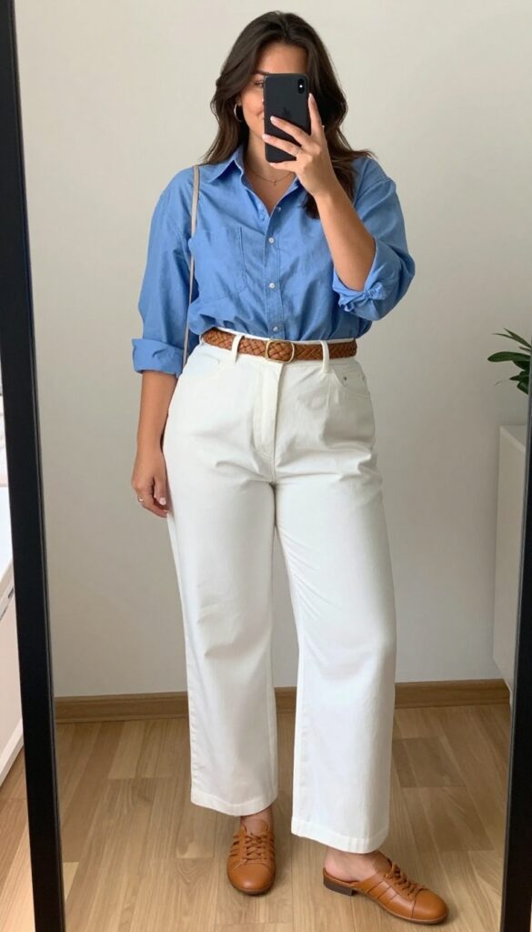 A woman in high-waisted white trousers and a relaxed blue chambray button-down with rolled sleeves, tucked in loosely, wearing a woven belt and leather mules.
