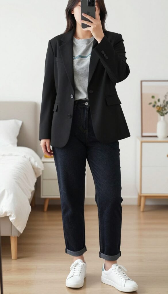Woman in black blazer and graphic tee with straight-leg jeans and white sneakers, taking a mirror selfie in a bedroom, phone partially covering face.