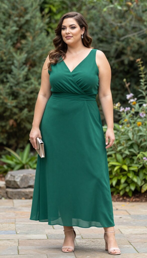 Plus-size woman in emerald green high-low hem dress with nude strappy sandals at outdoor garden wedding