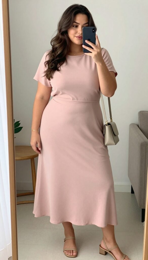 Plus-size woman in flowy pastel midi dress taking a mirror selfie at a bright brunch venue, wearing flat sandals and gold jewelry.