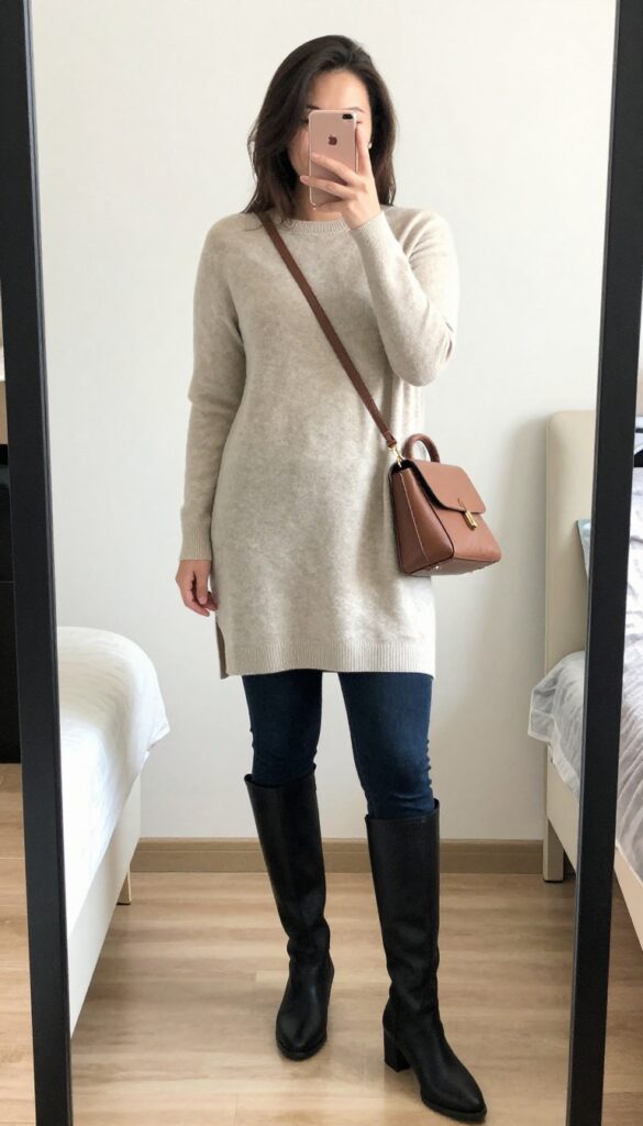 Woman in bootcut jeans, tunic sweater, and tall boots, business casual outfit