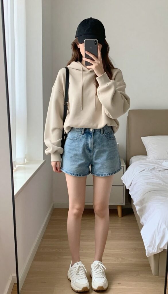 Teen girl takes a mirror selfie wearing an oversized beige hoodie, denim shorts, white sneakers, and a black cap, in a bright bedroom.