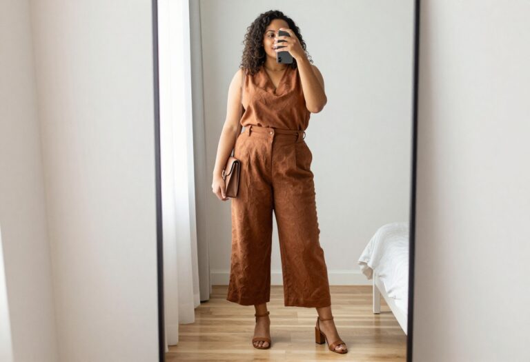 Plus size woman taking a mirror selfie in summer business casual outfit with linen trousers and sleeveless blouse.