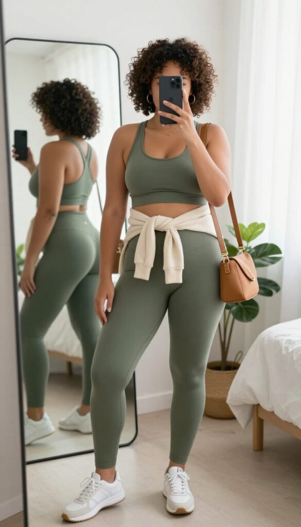 Plus-size woman taking a mirror selfie in olive green sports bra and leggings, cream sweatshirt tied at waist, white sneakers, tan crossbody bag, in bright bedroom with yoga mat.