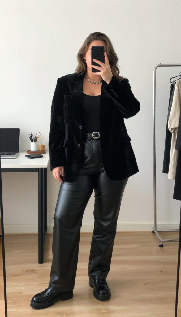 Woman in black velvet blazer, band tee, and high-waisted leather trousers with chunky loafers, taking a mirror selfie partially covering her face with phone.