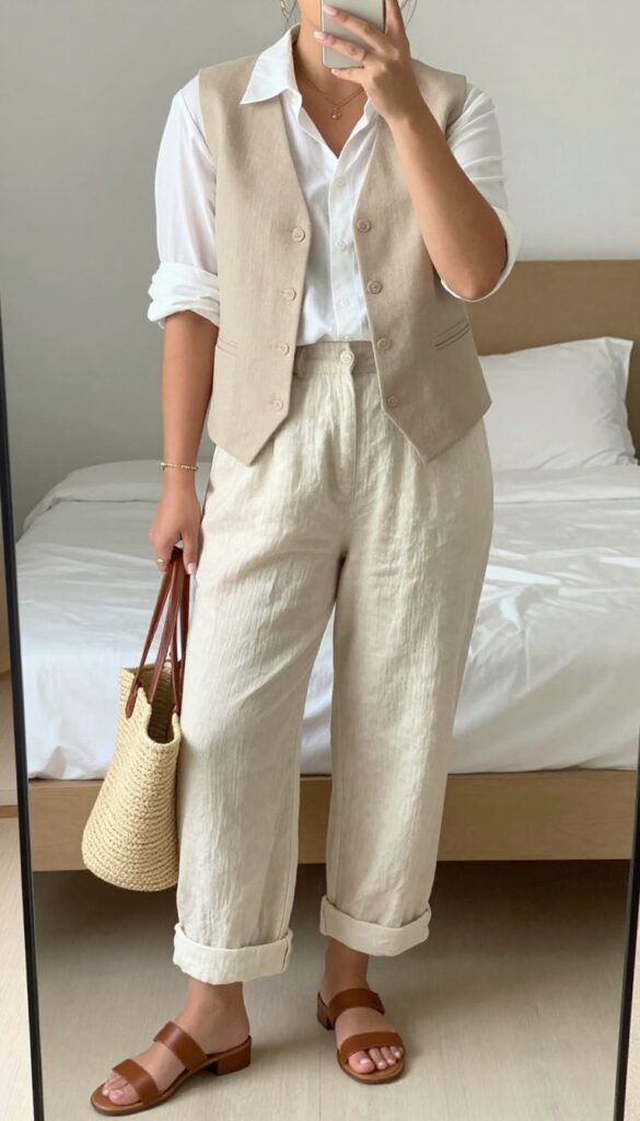 Mirror selfie composition with the model taking a selfie in front of a mirror at bedroom and partially covering her face with the phone. She wears a sand-colored sleeveless vest over a white button-down shirt, paired with cream linen pants and leather sandals, holding a straw tote.