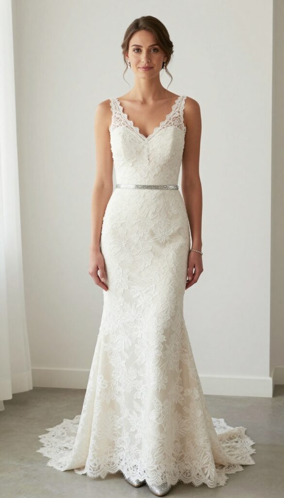 Woman in ivory mermaid lace wedding dress with silver sequin belt and glittery heels in ballroom