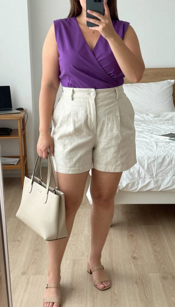 Woman in wrap top and tailored shorts, standing in a sunlit office or café, holding a structured tote, wearing low block-heel mules.