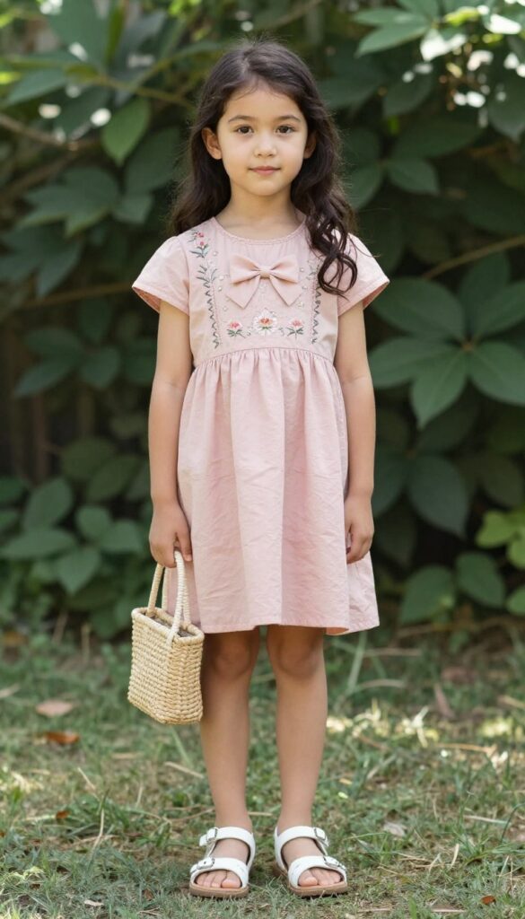 Young girl in blush pink short-sleeve dress with embroidered floral bow, white sandals, and woven bag in garden