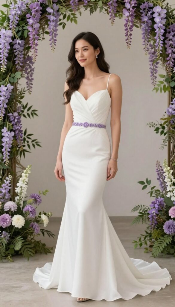 Bride in mermaid wedding dress with lavender crystal belt at pastel venue