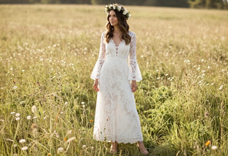 Woman in long sleeved lace wedding dress with flower crown in sunlit field