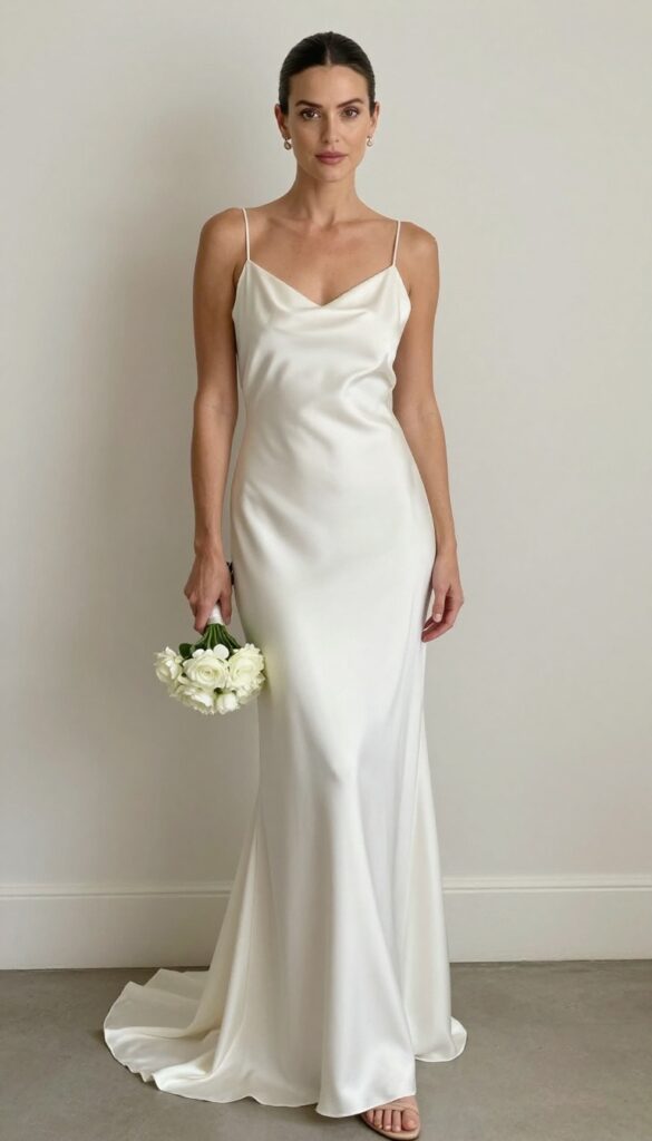 Young adult woman in a minimalist satin slip wedding dress with detachable train, standing in a bright room with white walls and natural light.