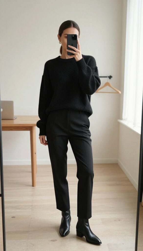 Woman in monochrome black outfit with sweater, trousers, and boots, taking a mirror selfie in a bright, minimalist office space.