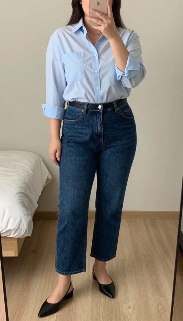 Woman in button-down shirt and cropped jeans, standing in a bright office setting, looking professional and approachable.