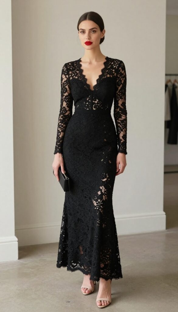 Woman in black lace gown with red lip and strappy heels in ballroom