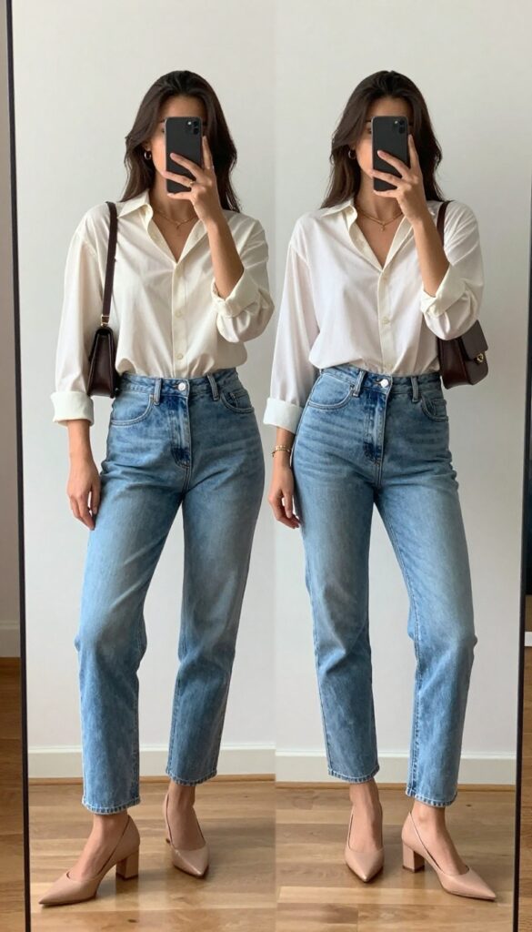 A woman takes a mirror selfie wearing light blue mom jeans, a fitted white blouse, nude block-heeled sandals, and a small shoulder bag, with a light blazer over her arm, in a bright room.
