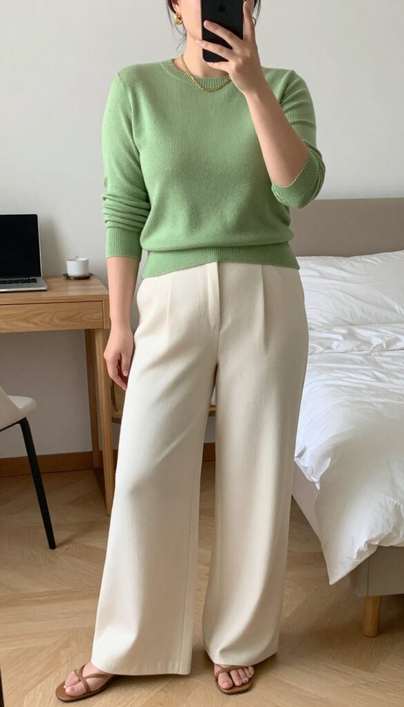 Model in pistachio green knit top and cream wide-leg pants with gold jewelry, standing in a bright office setting.