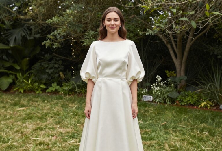 Woman in silk wedding dress with balloon sleeves and A-line skirt in garden