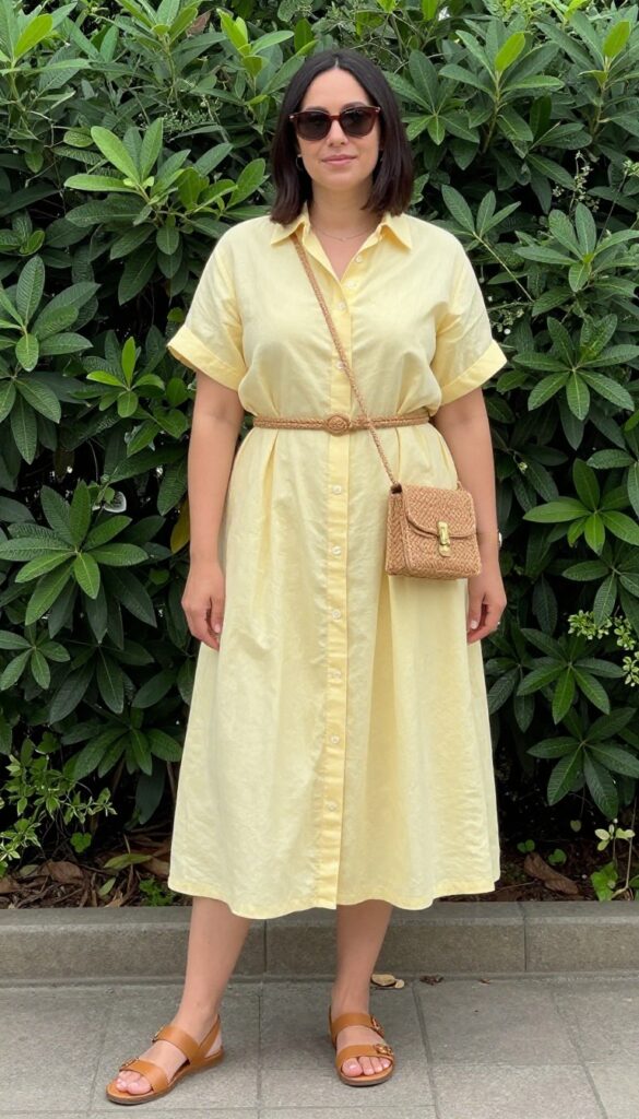 Woman in butter yellow shirt dress with tan sandals and woven belt standing in a sunny garden