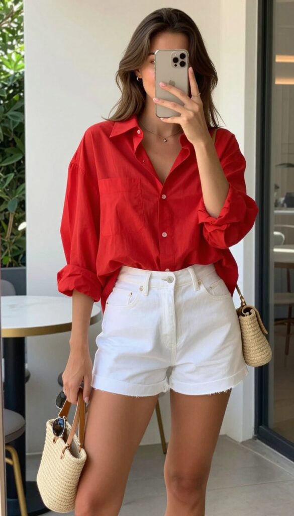 Woman in red shirt and white denim shorts taking a mirror selfie, wearing espadrilles and straw bag, outdoor summer setting.