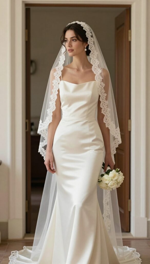 Woman in fit-and-flare ivory satin wedding dress with mantilla veil, holding white rose bouquet in church doorway
