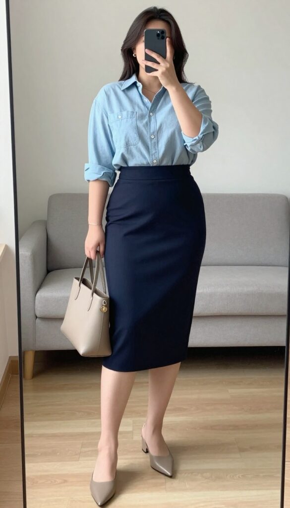A woman in a chambray shirt tucked into a pencil skirt, wearing mules and holding a leather tote, standing in a bright office setting.