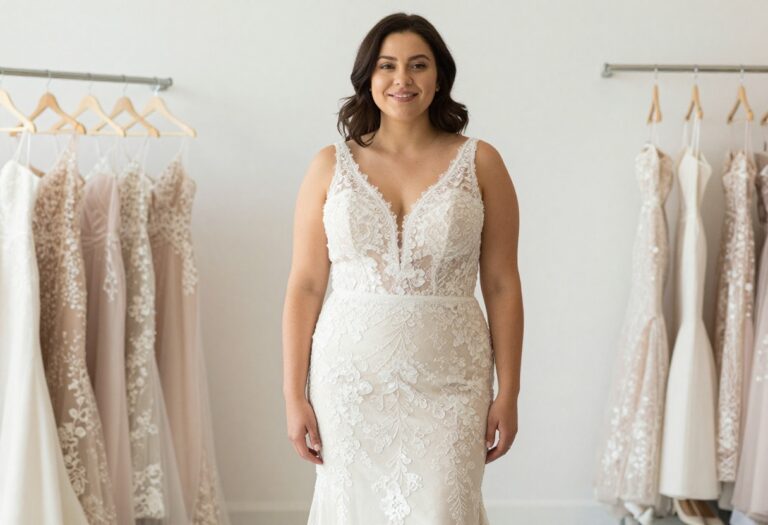 Curvy bride in fitted lace mermaid wedding gown with illusion details, standing in a bright bridal boutique.