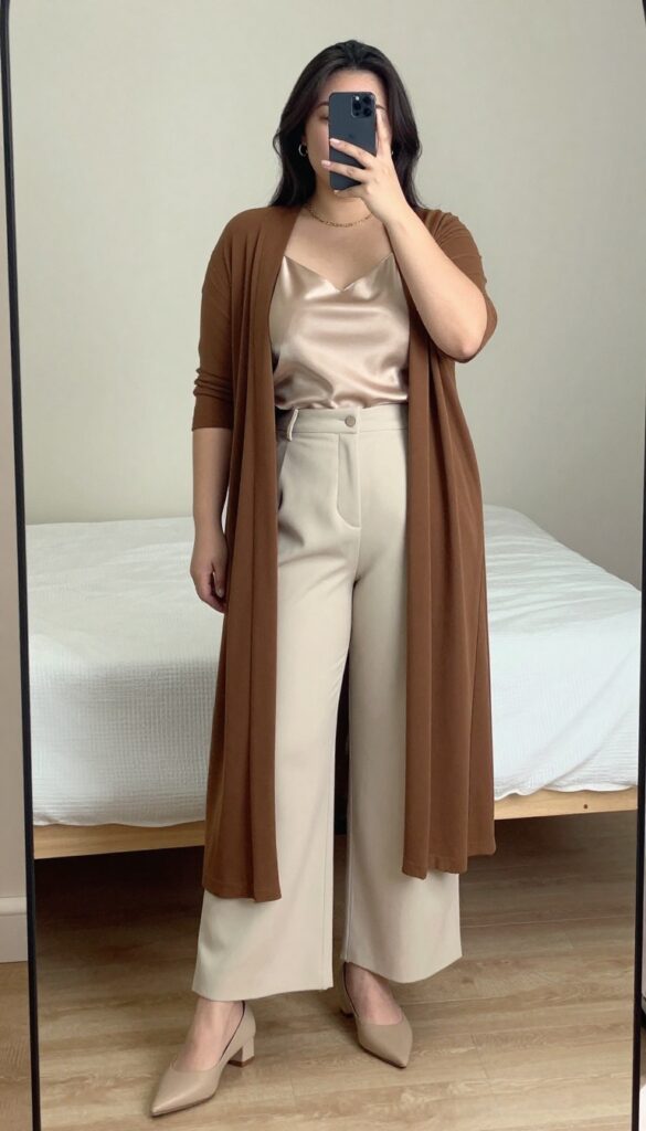 Woman in brown cardigan, silk camisole, and wide-leg pants
