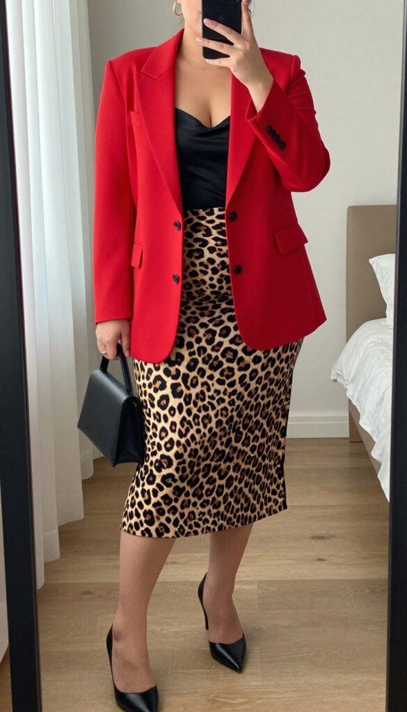 A woman wearing a fitted red blazer over a black top paired with an animal print midi skirt, black heels, and a small black clutch, standing confidently in a professional setting.