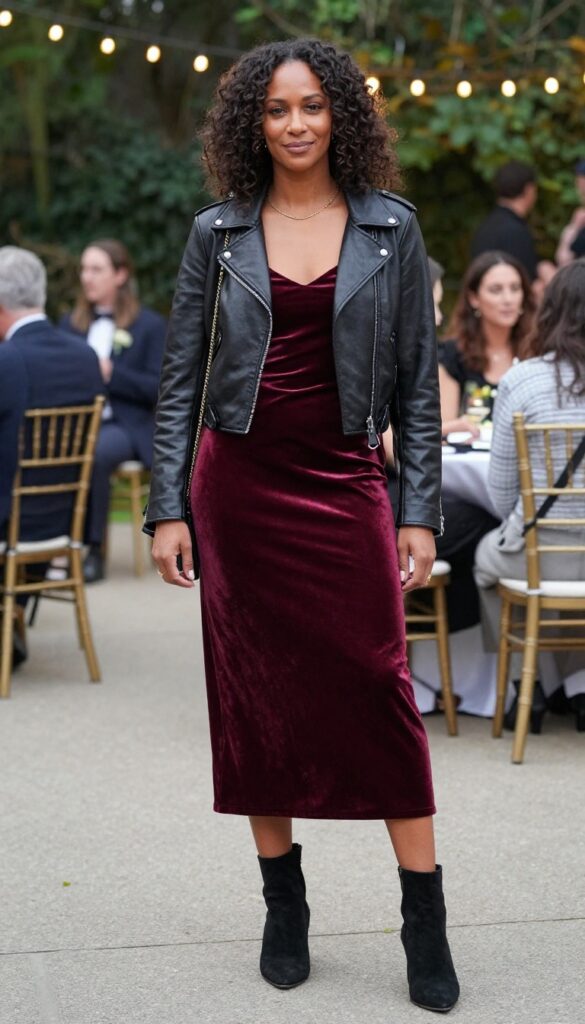 A young adult woman with medium brown skin stands at an evening outdoor wedding reception, wearing a burgundy velvet slip dress and a cropped black leather moto jacket, with black suede heeled booties and a small gold chain-strap bag.