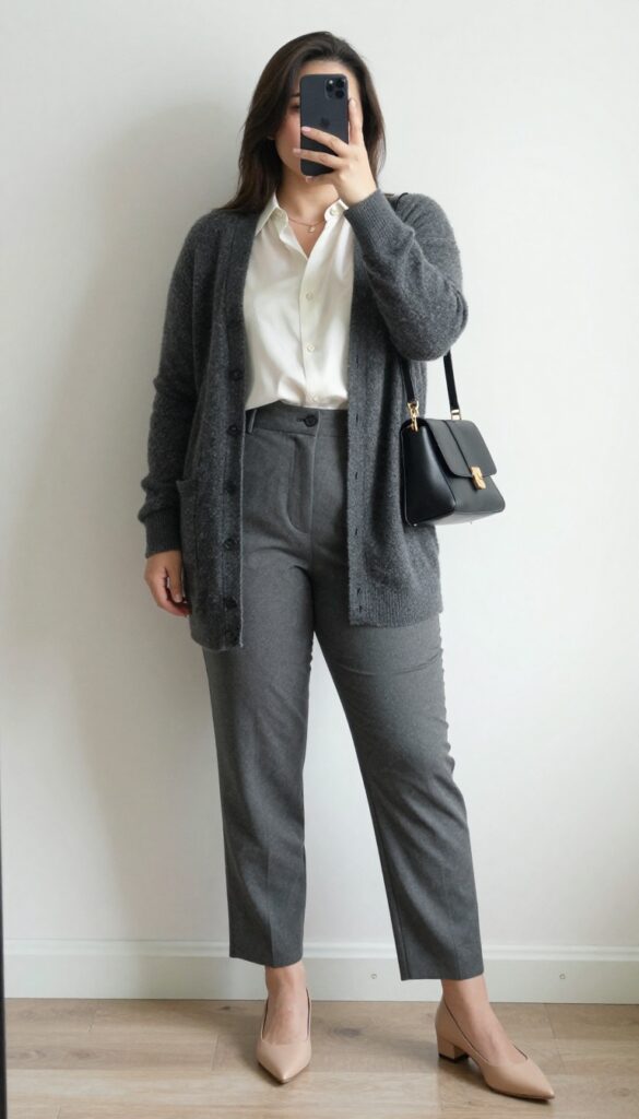 Woman in charcoal cardigan, ivory silk blouse, and gray trousers with nude flats and crossbody bag, standing in a mirror selfie pose.
