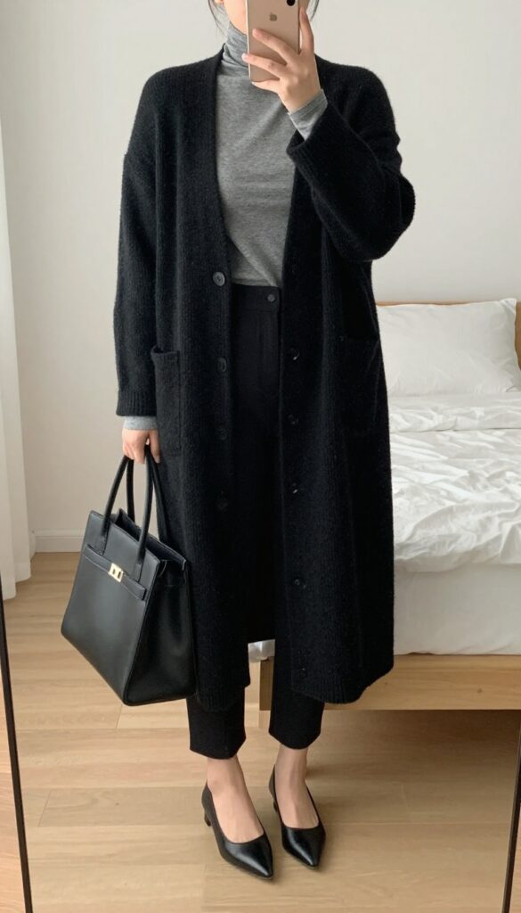 A woman wearing a longline cardigan over a fitted top and cropped cigarette pants, with pointed flats and a structured tote, standing in a bright office or cafe setting.