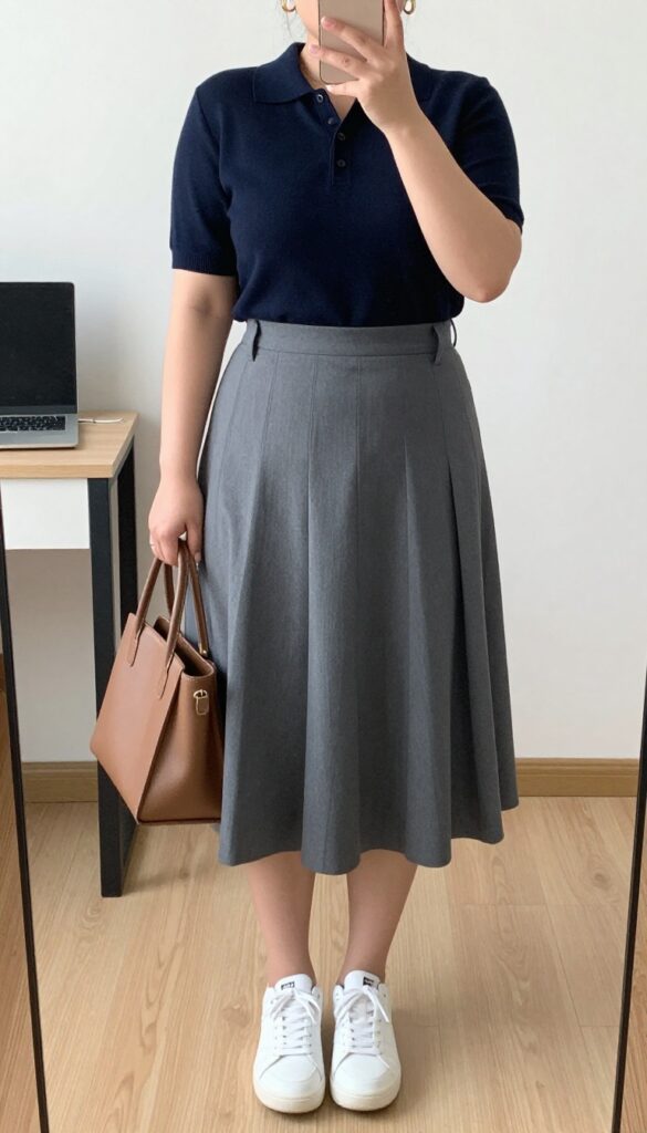 Woman in navy knit polo and gray pleated midi skirt with white sneakers, posing in a bright office setting.