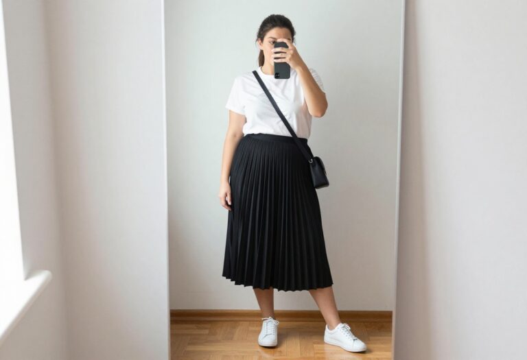 Plus-size woman in a black pleated skirt and white graphic tee taking a mirror selfie, showcasing a casual yet styled outfit.