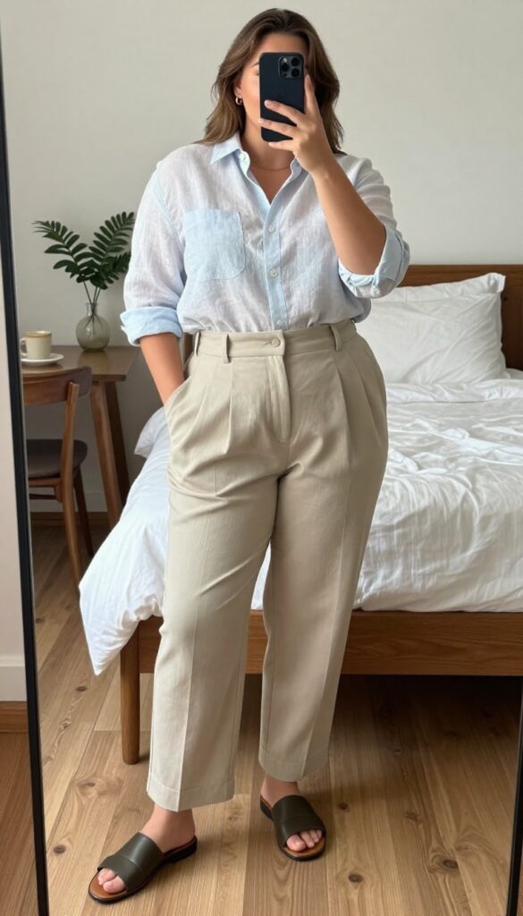 Woman in untucked linen shirt and pleated trousers, standing by outdoor café table, wearing leather mules and structured backpack.