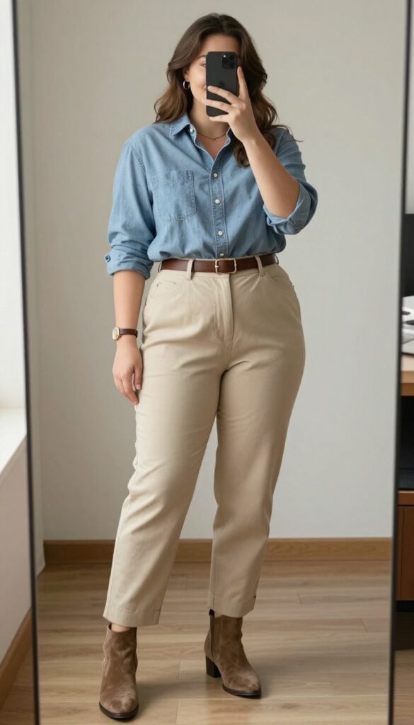 Woman in chambray shirt and beige tapered trousers with suede ankle boots, mirror selfie