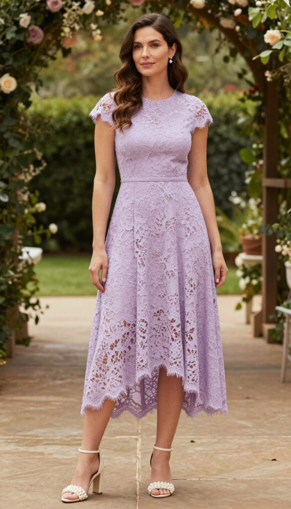 Lavender lace high-low dress with ivory heeled sandals and pearl clutch for a summer garden wedding.