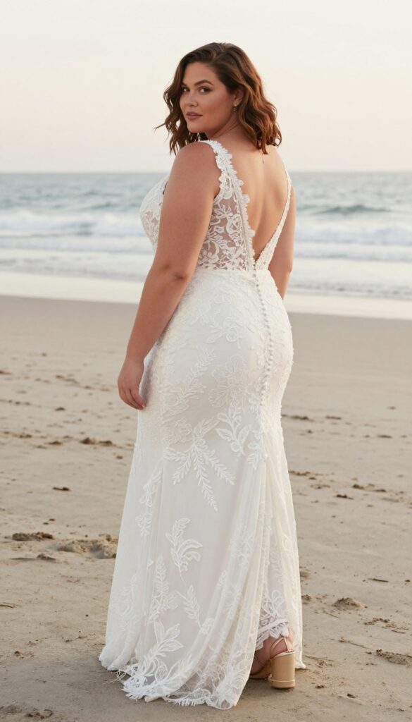 Plus-size bride in lace fit-and-flare wedding dress with open back on beach at golden hour