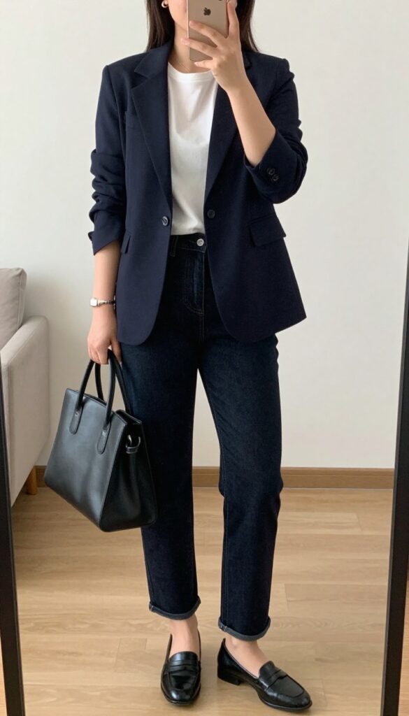 A woman in a navy blazer, white tee, and dark wash jeans posing in a mirror selfie, holding a phone, with a structured tote bag visible.