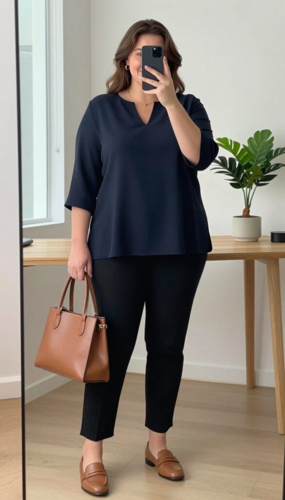Plus-size woman in a navy tunic blouse and slim black trousers, taking a mirror selfie in a bright office setting, showcasing balanced workwear outfit.