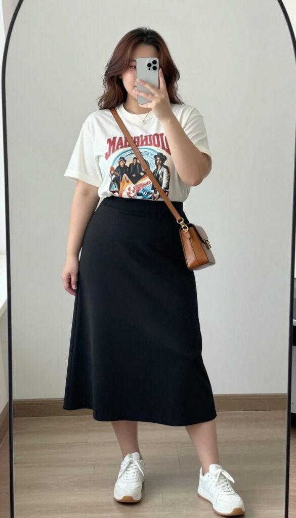 Plus-size woman in graphic tee and A-line skirt taking a mirror selfie for a shopping day birthday outfit.