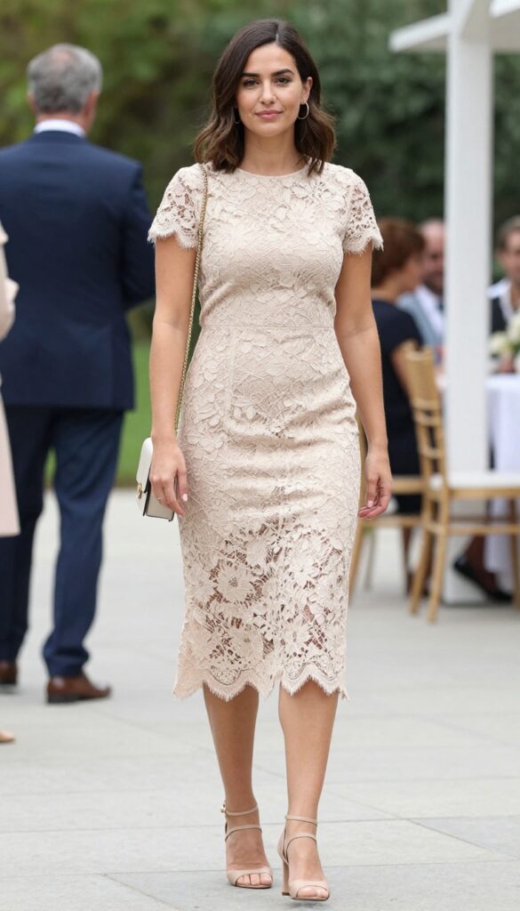 Woman in short champagne lace midi dress with strappy block heels at outdoor garden wedding