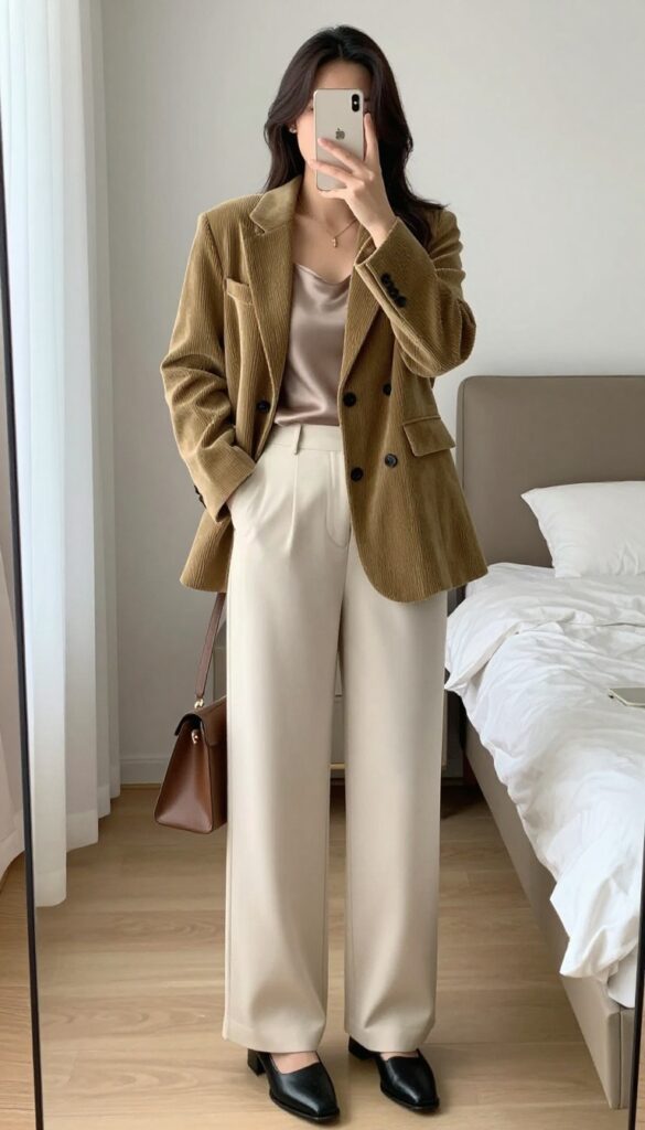 A woman in a corduroy blazer, silk camisole, and wide-leg trousers standing in a mirror selfie, partially covering her face with her phone. The outfit features warm neutral tones and a relaxed yet polished vibe.