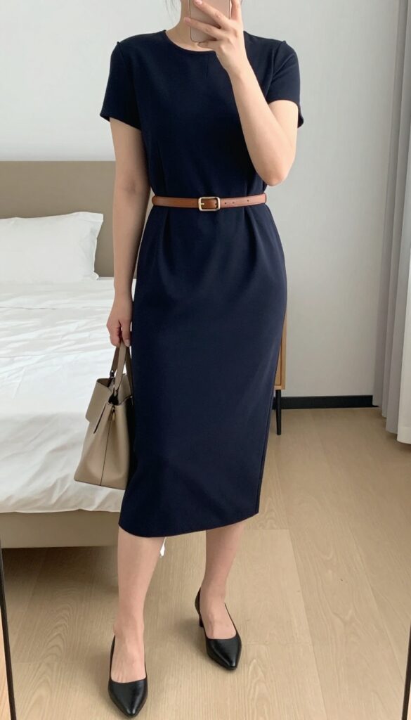 A woman in a navy shift dress with a tan leather belt and a cropped black blazer, wearing pointed flats and carrying a structured tote, standing in a bright office setting.