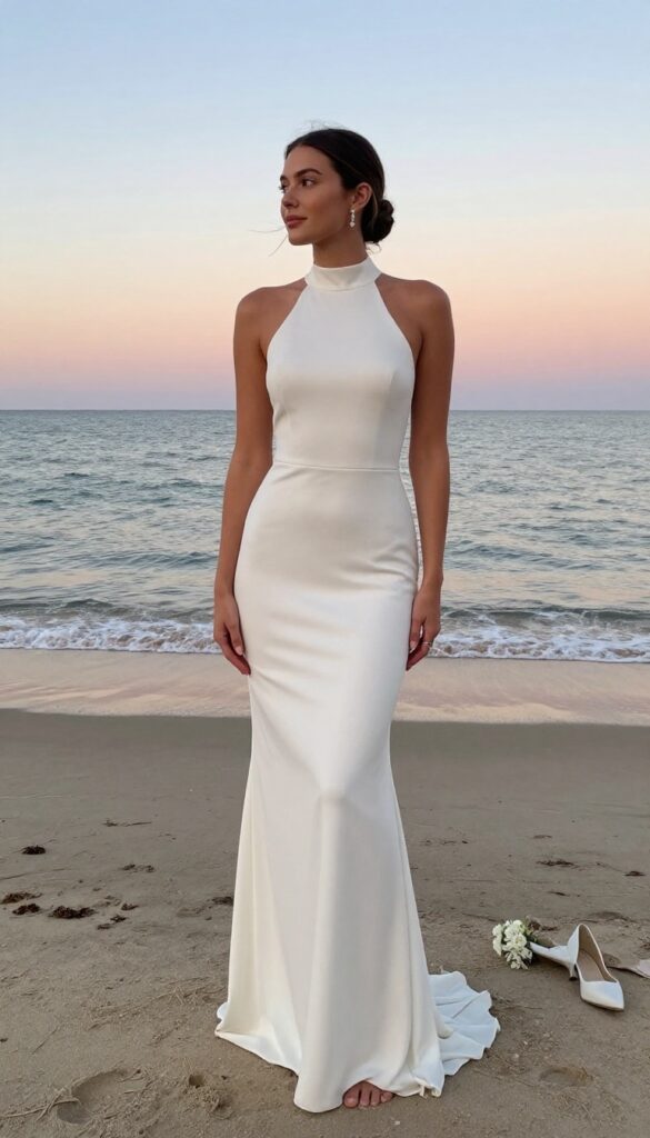 Adult woman in high-neck mermaid wedding gown standing barefoot on beach at golden hour, holding white bouquet, with pastel sunset sky and gentle waves in background.
